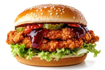 Delicious double chicken burger with salad and sauce on white background