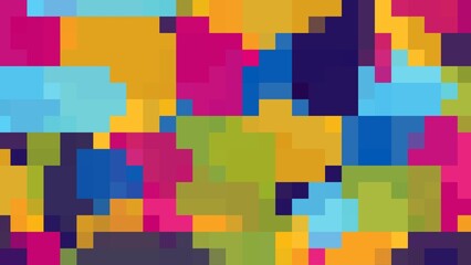 A vibrant abstract background featuring a mosaic of squares in shades of blue, yellow, magenta, green, and purple. The composition evokes a digital art feel with retro aesthetics and bold colors.
