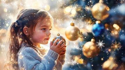 Naklejka premium a watercolor painting of a little girl holding a christmas ornament in front of a christmas tree with a snowflaked background of blue and gold ornaments. generative ai transparent background
