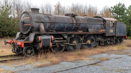 Fototapeta premium An abandoned vintage steam locomotive surrounded by overgrown grass and trees, showcasing its rustic charm and historical significance.