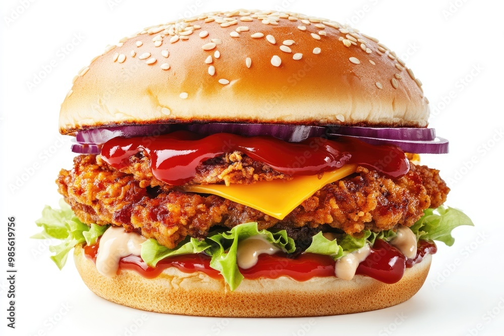 Poster Double Chicken burger with ketchup  cheese  and mayonnaise on isolated white background.  burger