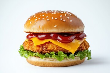 Double Chicken burger with ketchup  cheese  and mayonnaise on isolated white background.  burger