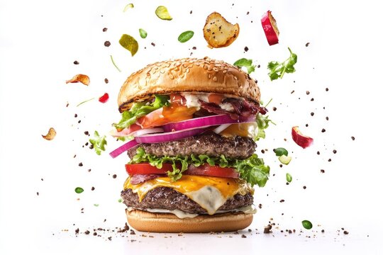 Delicious monster burger with flying ingredients isolated on white background  burger
