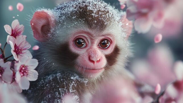 AI generates a realistic illustration of a 3d Mongkey In Cherry Blossom and Fine Snow transparent background