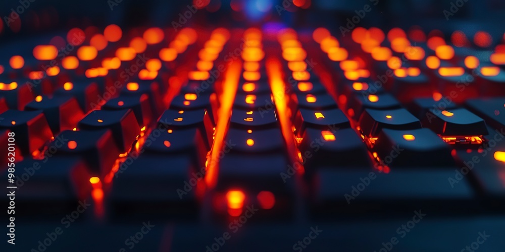 Poster a tight shot of a computer keyboard with red and yellow lights emanating from the keycap tops