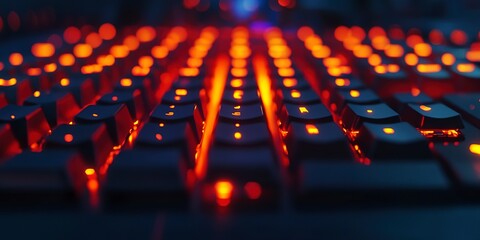 Obraz premium A tight shot of a computer keyboard with red and yellow lights emanating from the keycap tops 