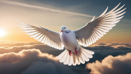 Obraz premium White pigeon or dove bird, Its snow-white feathers glistening in the warm sunlight, spreads its wings, above the cloud and sunlight through the pigeon.