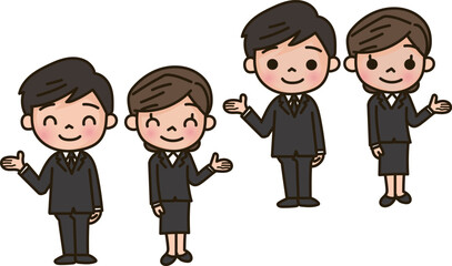 スーツ姿で案内をする男女