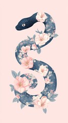 A serpent adorned with floral patterns elegantly slithers across a pastel pink backdrop, merging nature with artistic design