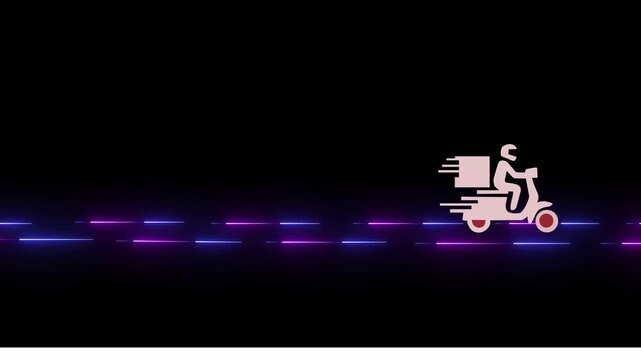 courier in motorcycle delivery service animation on black background. Alpha Video