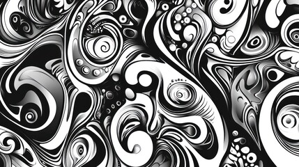 Abstract black and white swirling pattern with various shapes and curves.