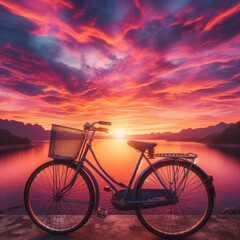 Fototapeta premium A bicycle stands by a tranquil lake as the sun sets, casting stunning pinks, oranges, and purples across the sky. The peaceful scene is framed by distant mountains and the calm reflection of the