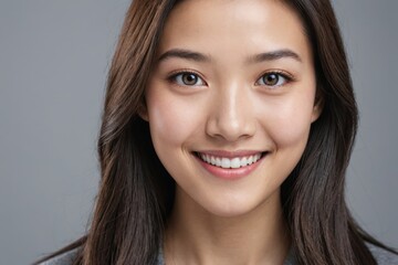 Naklejka premium Full framed very close face portrait of a smiling young chinese woman with gray eyes looking at the camera, studio shot,gray background.