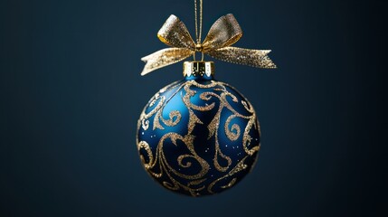 Blue and gold christmas ornament hanging from string with bow.