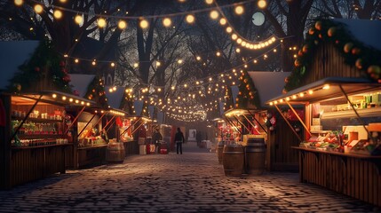 Obraz premium decorated christmas market stalls with lights and festive ornaments, a magical atmosphere on a cozy winter evening, people shopping and enjoying the holiday season. Happy New Year Merry Christmas