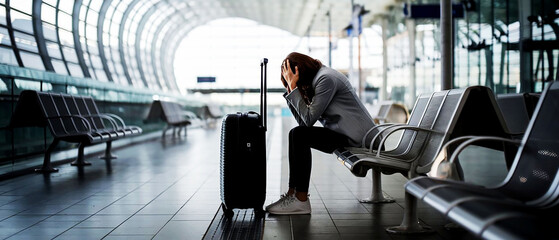 Frustrated Traveler Sitting Alone in an Airport Terminal with Luggage, Facing Flight Delays or Issues
