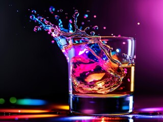Vibrant liquid burst in a glass, illuminated by colorful lights to enhance the splash effect