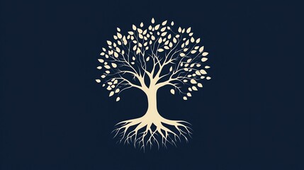 White tree with detailed roots on a dark blue background.