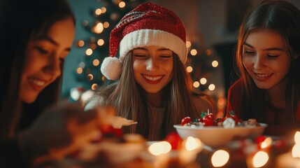 Christmas and new year sweets at home party of young friends having fun eating together at evening comeliness