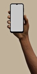 Black African-American male using smartphone with a blank white screen. Beige, neutral, warm apps mockup. Vertical phone orientation