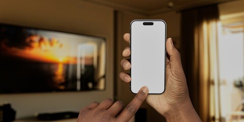 Black African-American male using smartphone with a blank white screen. Living room, interior...
