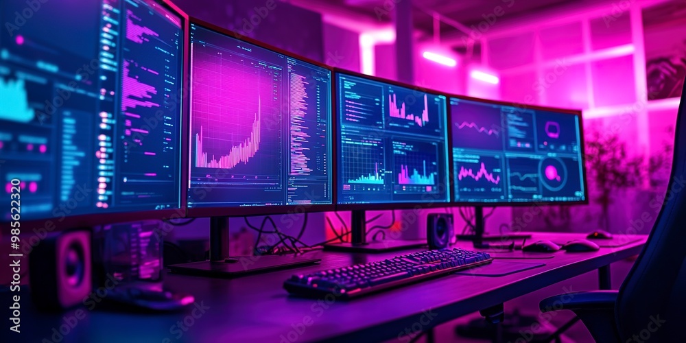 Fototapete A computer desk with computer monitors displaying various data and graphs. The room is dimly lit with a purple neon light, creating a dark ambiance. data graphics concept 