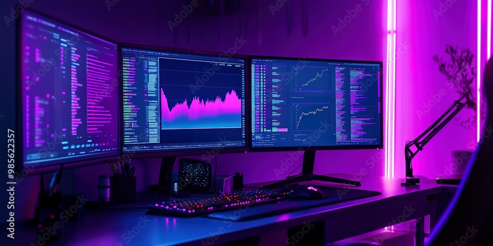 Aufkleber a computer desk with computer monitors displaying various data and graphs. the room is dimly lit wit