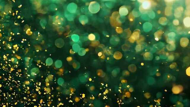 Beautiful green and gold bokeh lights creating a magical, festive atmosphere, perfect for holiday and celebration themes.