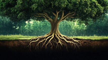 A tree with its roots showing in the ground