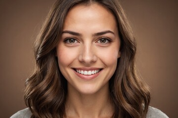 Naklejka premium Full framed very close face portrait of a smiling young caucasian woman with brown eyes looking at the camera, studio shot,brown background.