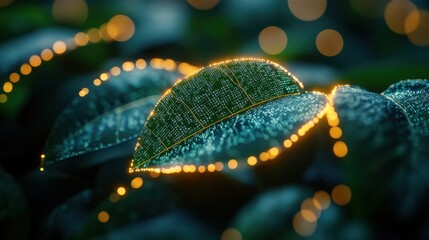 A leaf with a glowing green stem is shown in a dark green background