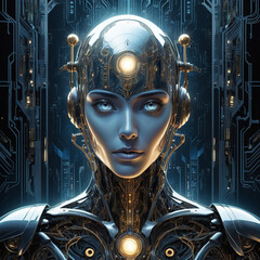 In the frame, a towering enigmatic figure looms, its metallic frame gleaming in the soft light. The main subject is a giant robot with intricate circuitry etched onto its sleek surface.