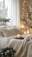 Cozy bedroom with candles and eucalyptus.