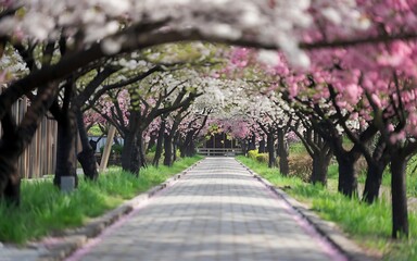 A picturesque pathway lined with blossoming cherry trees, creating a tunnel of pink and white flowers.