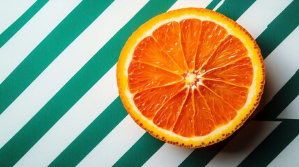 A close-up of a bright orange slice on a teal and white striped background.