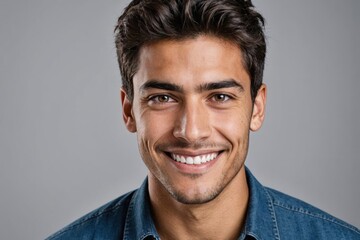 Fototapeta premium Full framed very close face portrait of a smiling young hispanic man with gray eyes looking at the camera, studio shot,gray background.