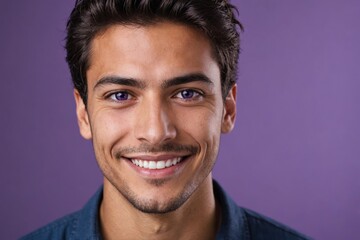 Obraz premium Full framed very close face portrait of a smiling young hispanic man with violet eyes looking at the camera, studio shot,violet background.