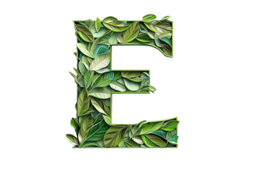 Letter E with Lush Tropical Leaves and Botanical Typography, Nature-Inspired Alphabet Design on Transparent Background, Perfect for Eco-Friendly and Tropical Themes