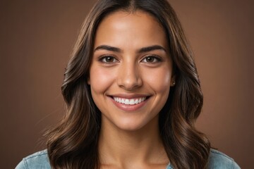 Naklejka premium Full framed very close face portrait of a smiling young hispanic woman with brown eyes looking at the camera, studio shot,brown background.
