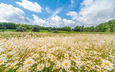A field of daisies in bloom under a blue sky with white clouds.
