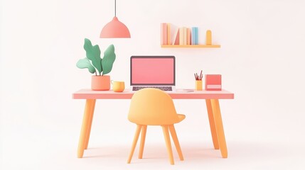 Fototapeta premium Work-from-home 3D illustration with laptop and desk setup, modern, clean, isolated on white background