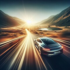 Obraz premium A sleek sports car drives at high speed along an open road, surrounded by expansive landscapes. The blurred effect conveys the rush of speed and the feeling of freedom on the open highway.. AI