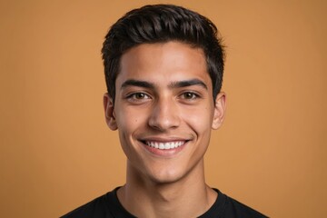 Fototapeta premium Full framed very close face portrait of a smiling young hispanic non binary with amber eyes looking at the camera, studio shot,amber background.