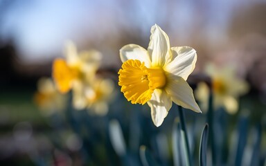Close-up of a white and yellow daffodil with a blurred background of other daffodils.