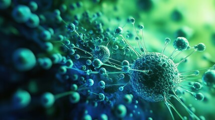 A green and blue image of a virus