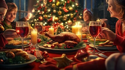 Illustration of family christmas dinner at table with fool of food, post card transparent background