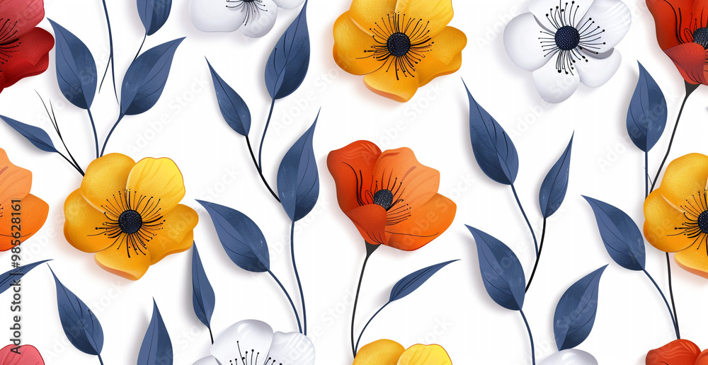 Wall mural flowing floral design set against a white backdrop. vibrant watercolor image of flowers in bloom tha