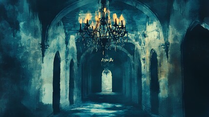 A dimly lit, atmospheric corridor featuring an ornate chandelier, with arched doorways and a mystical ambiance.