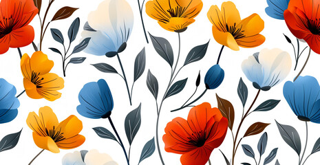 Flowing floral design set against a white backdrop. vibrant watercolor image of flowers in bloom that features purple, orange, and red tones, forming a happy and creative floral design.