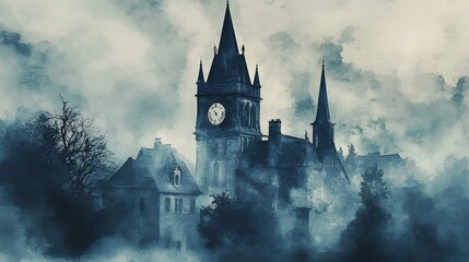 A haunting, fog-covered castle with gothic architecture, set against a dark, moody backdrop, evokes mystery and intrigue.
